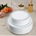 thumbnail image 5 of SETUP Case of 300 White Silver-Rimmed Plastic Plates - Premium Heavy-Duty Disposable Combo for Weddings and Parties - 150 10.25" Dinner and 150 7.5" Salad Plates, 5 of 12
