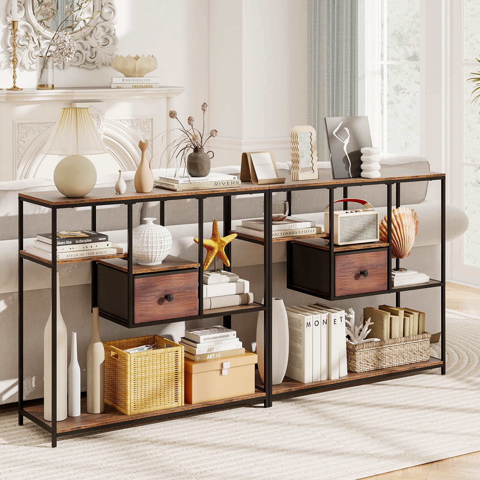 Costway 40" Console Table with Drawer & 4-Tier Shelf,Farmhouse Entryway Table Rustic Brown and Black