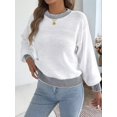 thumbnail image 6 of Women Casual Knit Crew Neck Contrast Striped Lantern Long Sleeve Loose Knit Pullover Sweater White M, 6 of 9