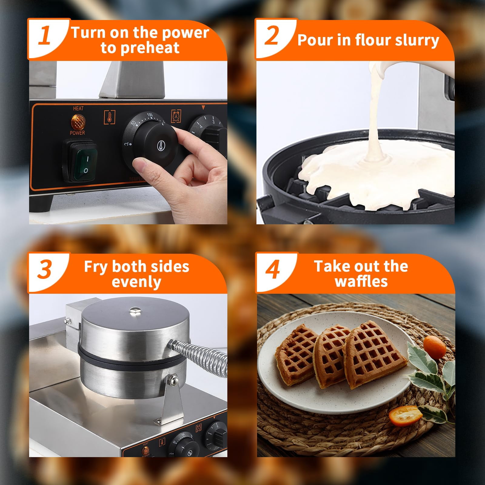 Juiluna 360° Rotating Electric Waffle Making Machine | 50-250℃ Non-Stick Flip Waffle Iron Waffle Maker Time Control Temperature Adjustable, 110V 1200W