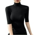 thumbnail image 2 of QIUOMBBP Women's Mock Neck Half Sleeve Shirts Ribbed Knit Slim Fit Basic Tee Casual Comfy Simple Tops Black L, 2 of 7