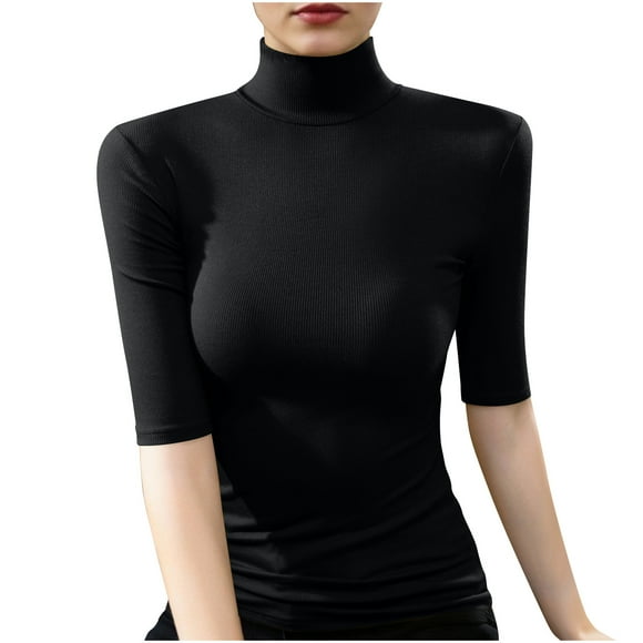 cfhntfmh Women's Mock Turtleneck Slim Fit Shirts Ribbed Knit Half Sleeve T Shirts Basic Tees Casual Tight Top
