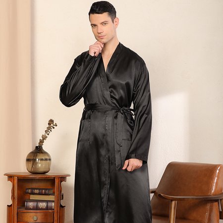 

Men s solid color kimono robe thin cardigan nightgown loose size Changchun autumn glossy bathrobe