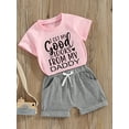thumbnail image 2 of Toddler Baby Girl 2Pcs Outfit 1T 2T 3T 4T 5T Short Sleeve Letter T Shirts Tops +Solid Color Shorts Set Summer Clothes, 2 of 7