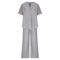 thumbnail image 5 of UVEASISHA Cotton Linen Sets for Women 2 Piece Office Work Outfits V Neck Short Sleeve Tops and Pants Set with Pockets Gray L, 5 of 7