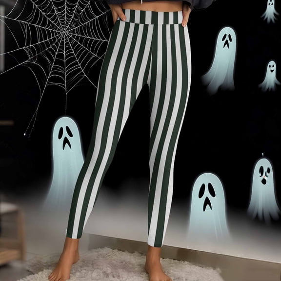 JOANKDMI Women Striped Pattern Yoga Pants Ghostly Circus Ringmaster Dress Up Vertical Slim Fit Tights for Festival Carnival Theme Party Vintage Halloween Outfit Base