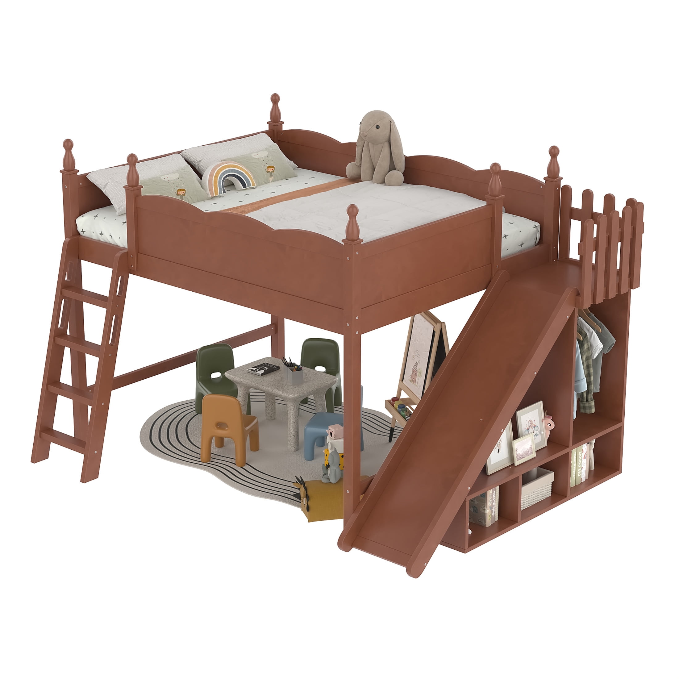 Noble House Queen Loft Bed with Storage Shelves, Detachable Slide and Ladder, Antique Natural