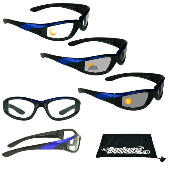 Bikershades Motorcycle Transitional Sunglass Day Night Riding Photochromic Blue Clear