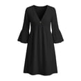 thumbnail image 5 of Vivianyo HD Women's V-Neck Single Button Midi Dress, 3/4 Bell Sleeve Solid Loose Casual Dresses with Side Pocket for Women, Women's Black, Sizes S-2XL, 5 of 7