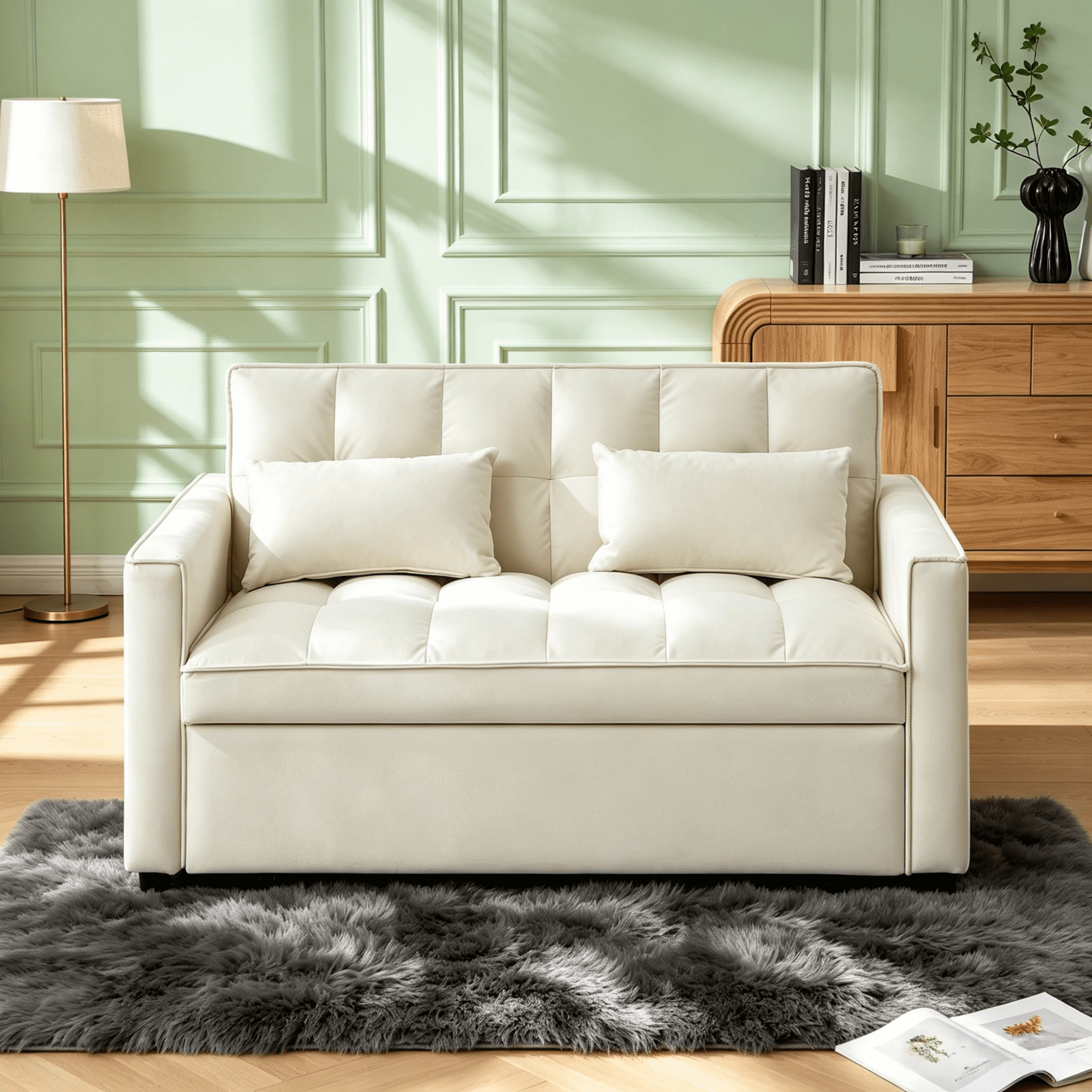 Gewnee 54"Sleeper Sofa Bed,Convertible Pull Out Couch with Adjustable Backrest and Side Pockets,Velvet Futon Loveseat Sofa Bed with 2 Pillows for Living Room,Apartment.Beige