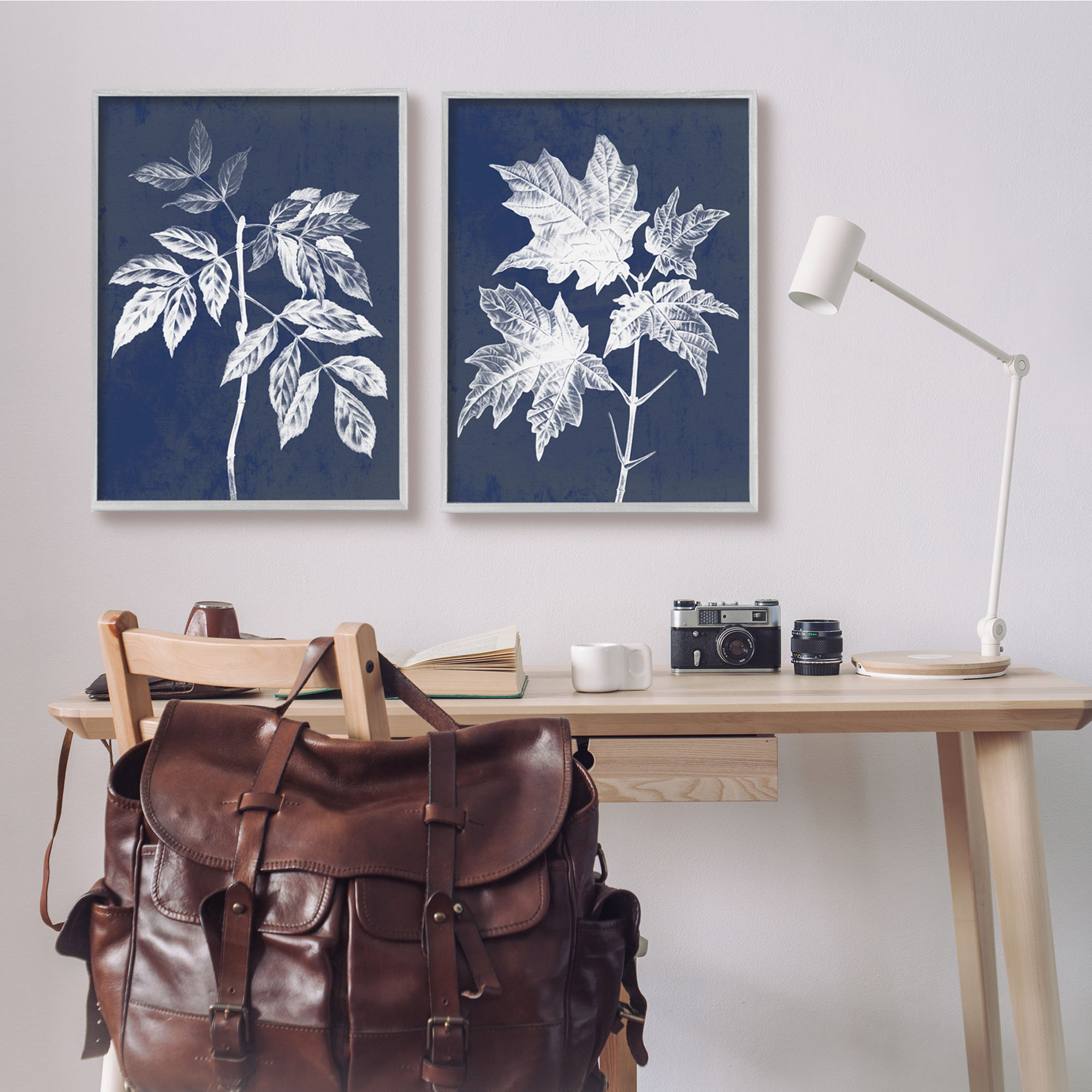 Stupell Industries Maple Leaf Elm Stem Vintage Blue White Illustration, 24 x 30,Design by Daphne Polselli