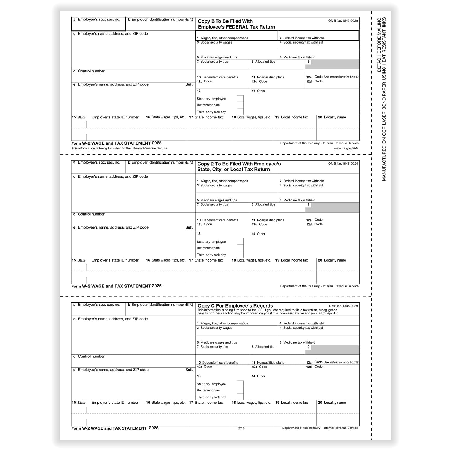 ComplyRight 2025 W-2 Tax Form 1-Part 3-Up Employee Copy B C and 2 50/Pack (521050)