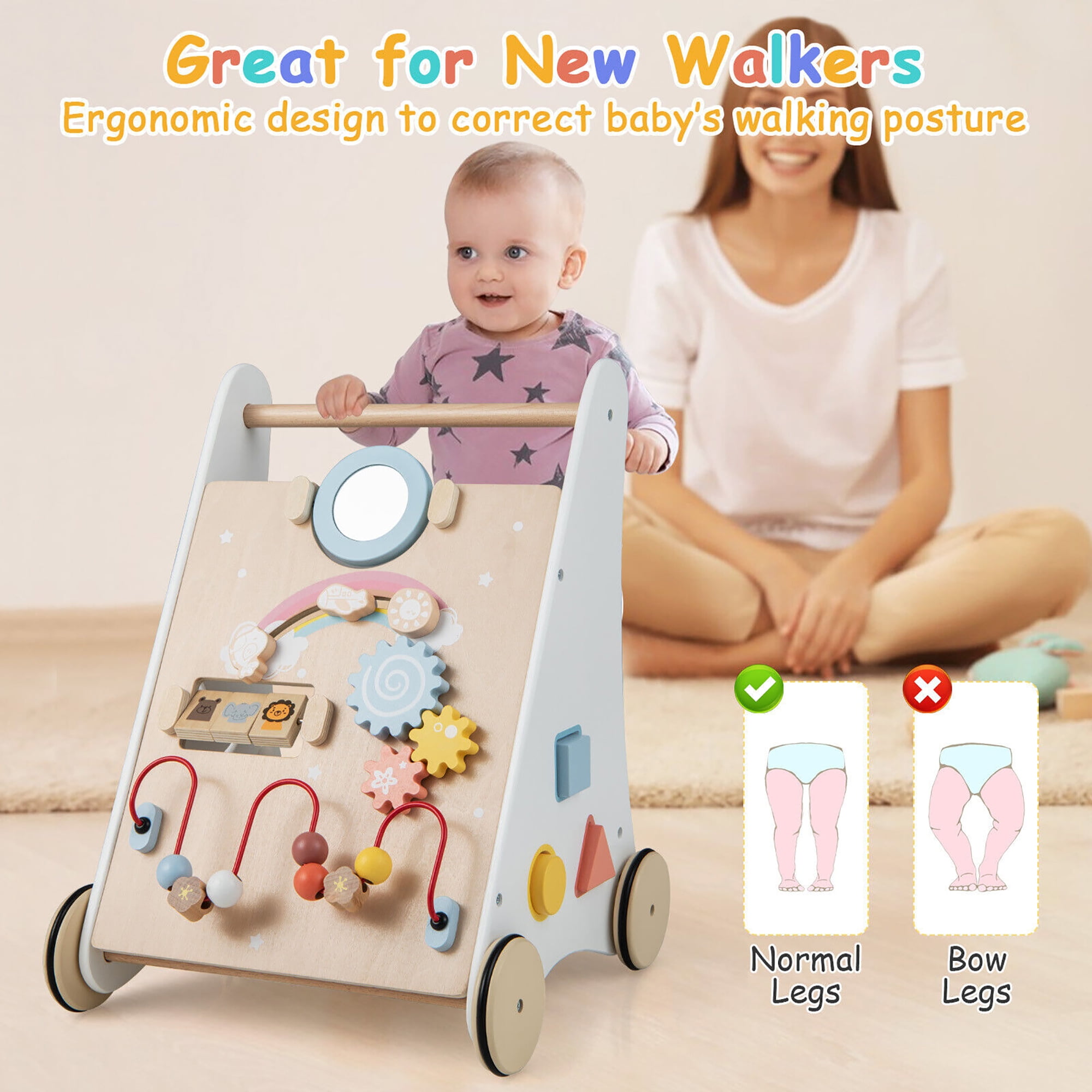 Gymax Wooden Baby Walker Baby Activity Center with Mirror Shape Sorter for 1+ Year Old