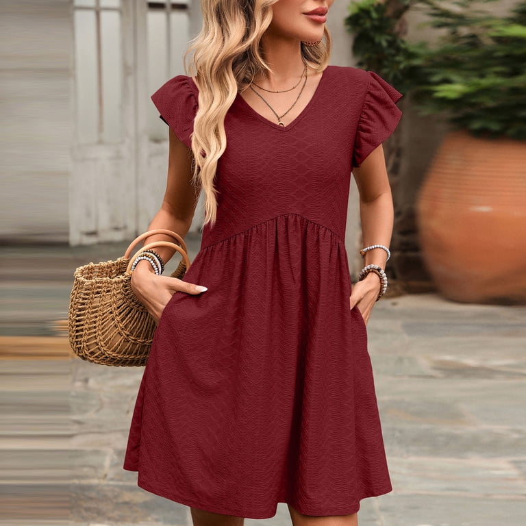 SEMPAI Summer Dresses for Women Beach Vacation Clothes V Neck Ruffle Sleeve Dress Elegant Classy Sundress