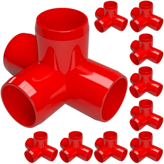 FORMUFIT 1/2" 4-Way Tee Furniture Grade PVC Pipe Fittings, (13/16" Actual Socket ID), Red, 10-Pack