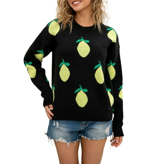 Sweater for Women Lemon Fruit Print Knitted Long Sleeve Crew Neck Casual Cozy Sweaters