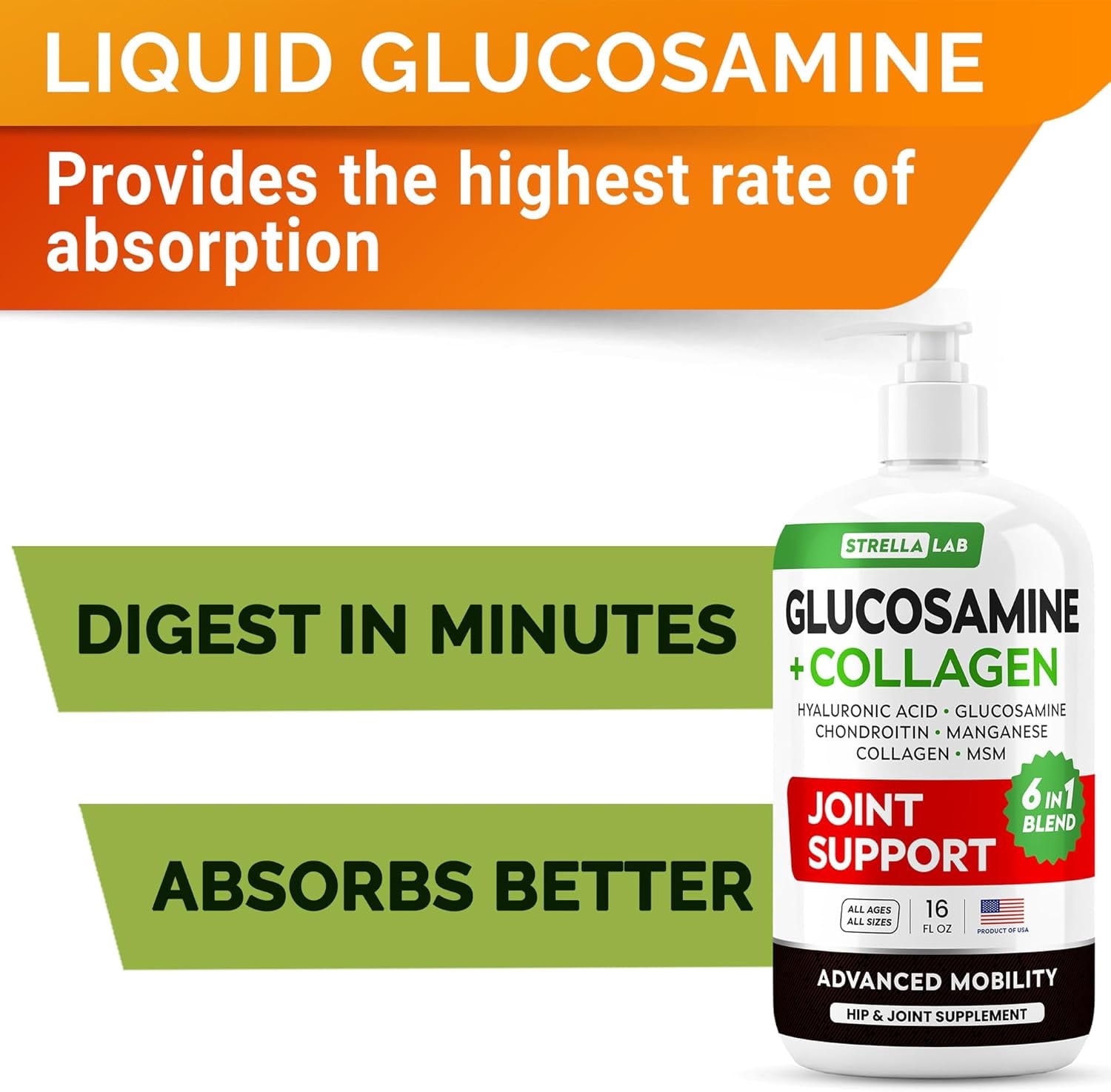 Liquid Glucosamine for Dogs (16 oz) - Joint Supplement w/Chondroitin, MSM, Collagen - Advanced Mobility Formula - Joint Pain Relief - Hip & Joint Care - Easy to Serve Drops - Made in USA
