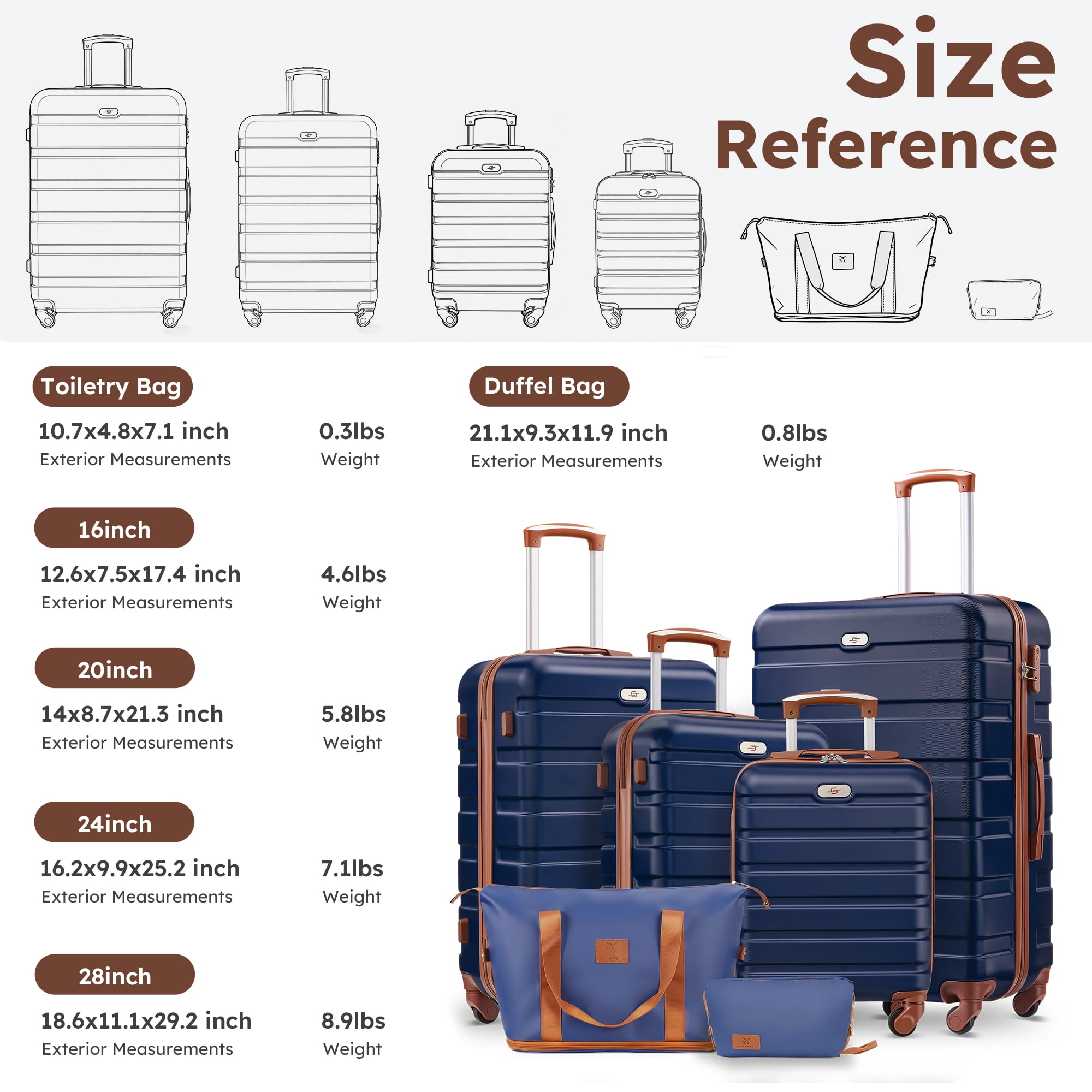 Gowill 6 Piece Luggage Sets,16/20/24/28 inch Hardside Lightweight ABS Suitcase With Expandable Duffle Bag (Navy Blue Tan)