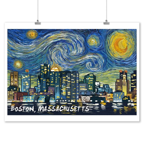 Download Boston Massachusetts Skyline Van Gogh Starry Night Lantern Press Artwork 9x12 Art Print Wall Decor Travel Poster Walmart Com Walmart Com