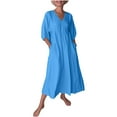 thumbnail image 6 of Miqool Womens Plus Size Cotton Linen 3/4 Sleeve Maxi Dress V Neck Pleated Casual A Line Flowy Long Dress Cocktail Dresses with Pockets, 6 of 9