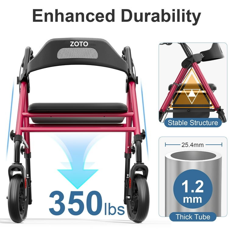 ZOTO Foldable Rollator Walker with Seat for Seniors, Height