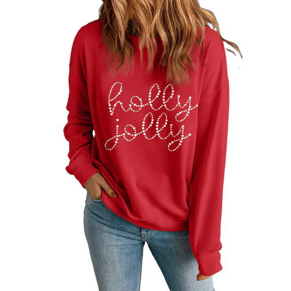 Women's Red Christmas Holly Jolly Rhinestone Letter Graphic Sweatshirt | [ZhiHiMeRi] | (US 20-22)2XL