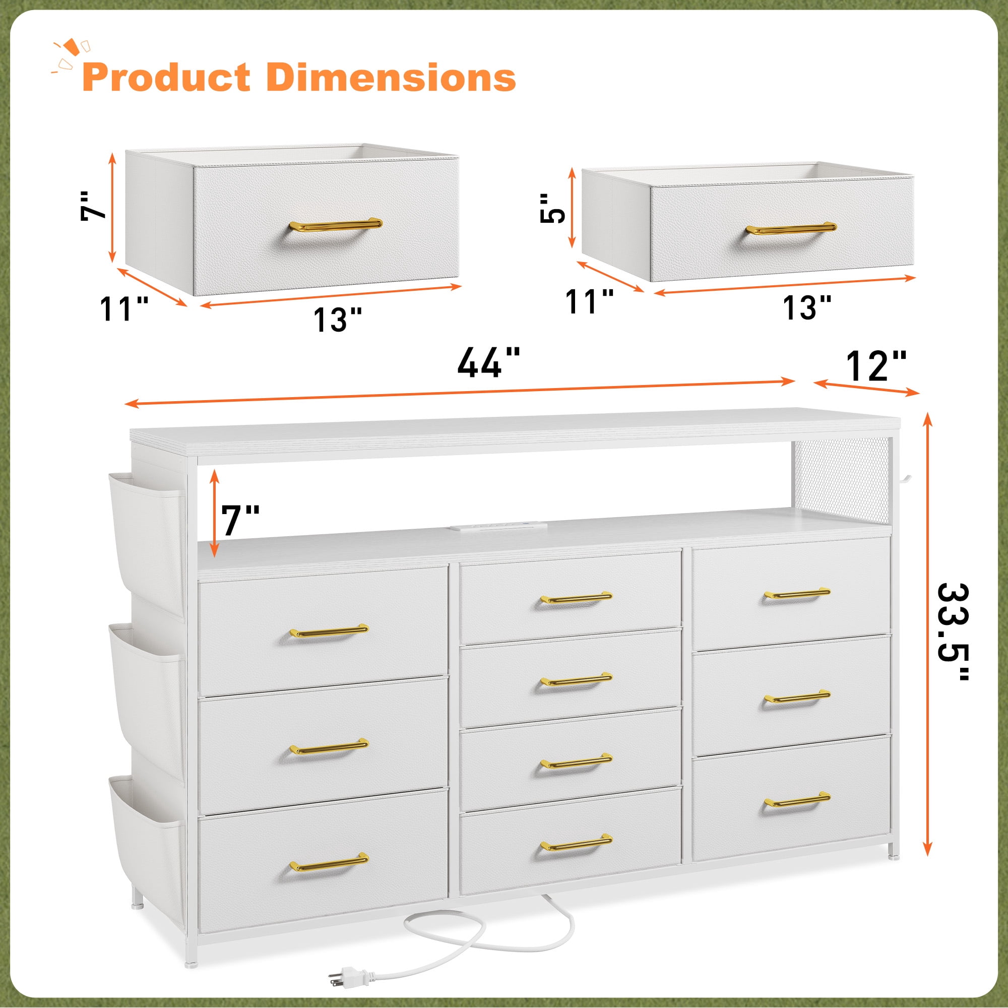 Romorgniz 10 Drawer Dresser,White Dressers for Bedroom TV Stand with Power Outlets & LED Lights & Entertainment Center,Chest of Drawers with Shelves & Side Pockets & Hook Fabric