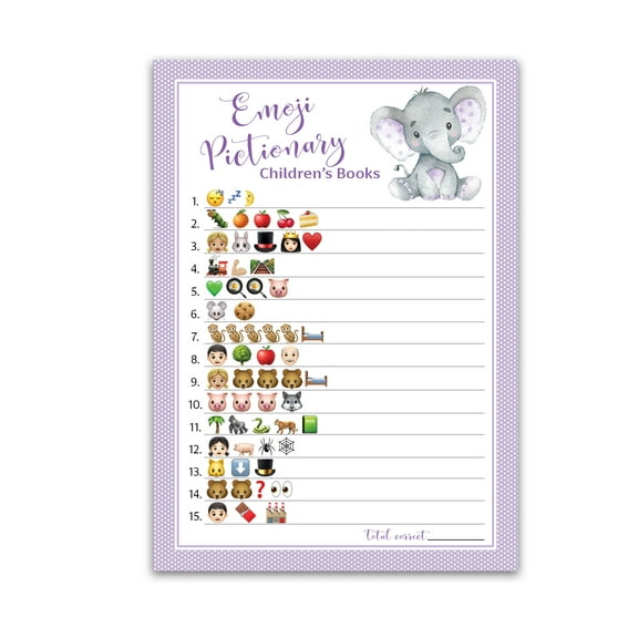 GENDER NEUTRAL Emoticons Baby Shower Games — Pack of 25 —emoticon Pictionary Children's Book Baby Shower Games, Polka Dot PURPLE BABY ELEPHANT  Game PURPLE Baby Shower Decor Activity SKU G503-EMJ