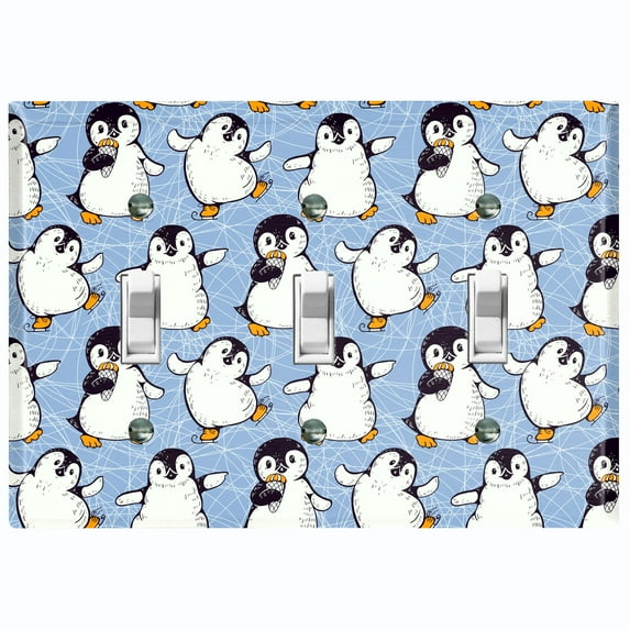 Metal Light Switch Plate Cover Cute Penguins Ice Skating Blue BRD002