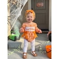 thumbnail image 5 of RUINIXCW Newborn Baby Girls Halloween Outfit Gingham Plaid Bubble Romper Long Sleeve Ghost Witch Hat Pumpkin Print Smocked Bodysuit Playsuit with Headband, 5 of 9