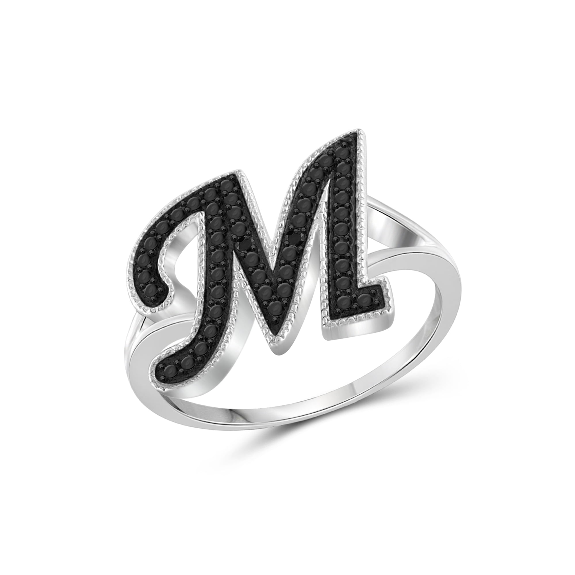 JewelersClub Accent Black Diamond Initial Letter Ring for Women | Customizable Sterling Silver M Alphabet Monogram Ring for Girls | Cursive Script Capital Letters | Personalized Jewelry Gift for Her