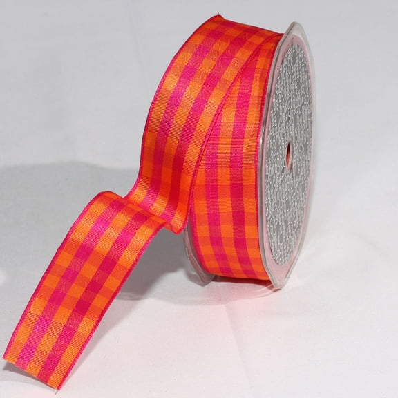 The Ribbon People Orange and Fuchsia Purple Gingham Wired Woven Edge Craft Ribbon 1" x 54 Yards