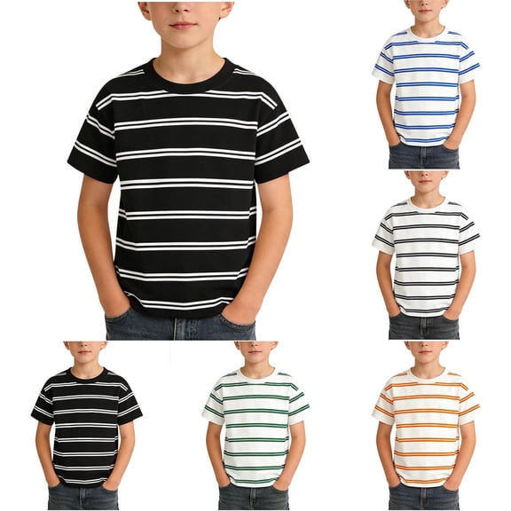 Afuyipoi Boys T-Shirt (for 1-12) 100%Cotton Stripe Crew Neck Short Sleeve Summer Tee for Boys Black Size 3T
