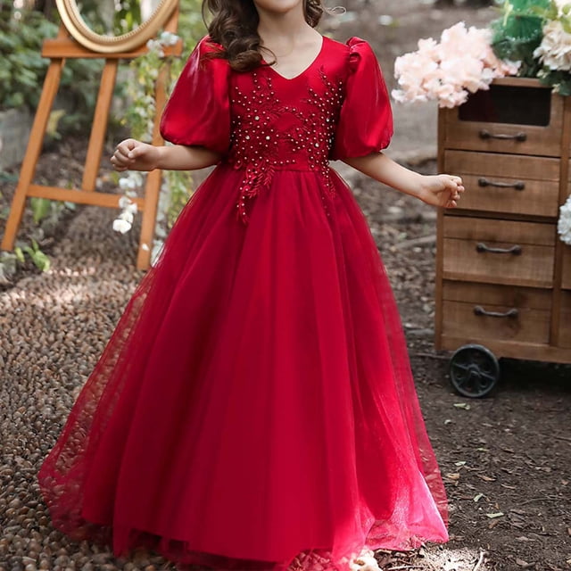 DPTALR Robe pour Enfants Fille à Manches Courtes Robe de Princesse Robe à Queue Fleurie Jupe Robe