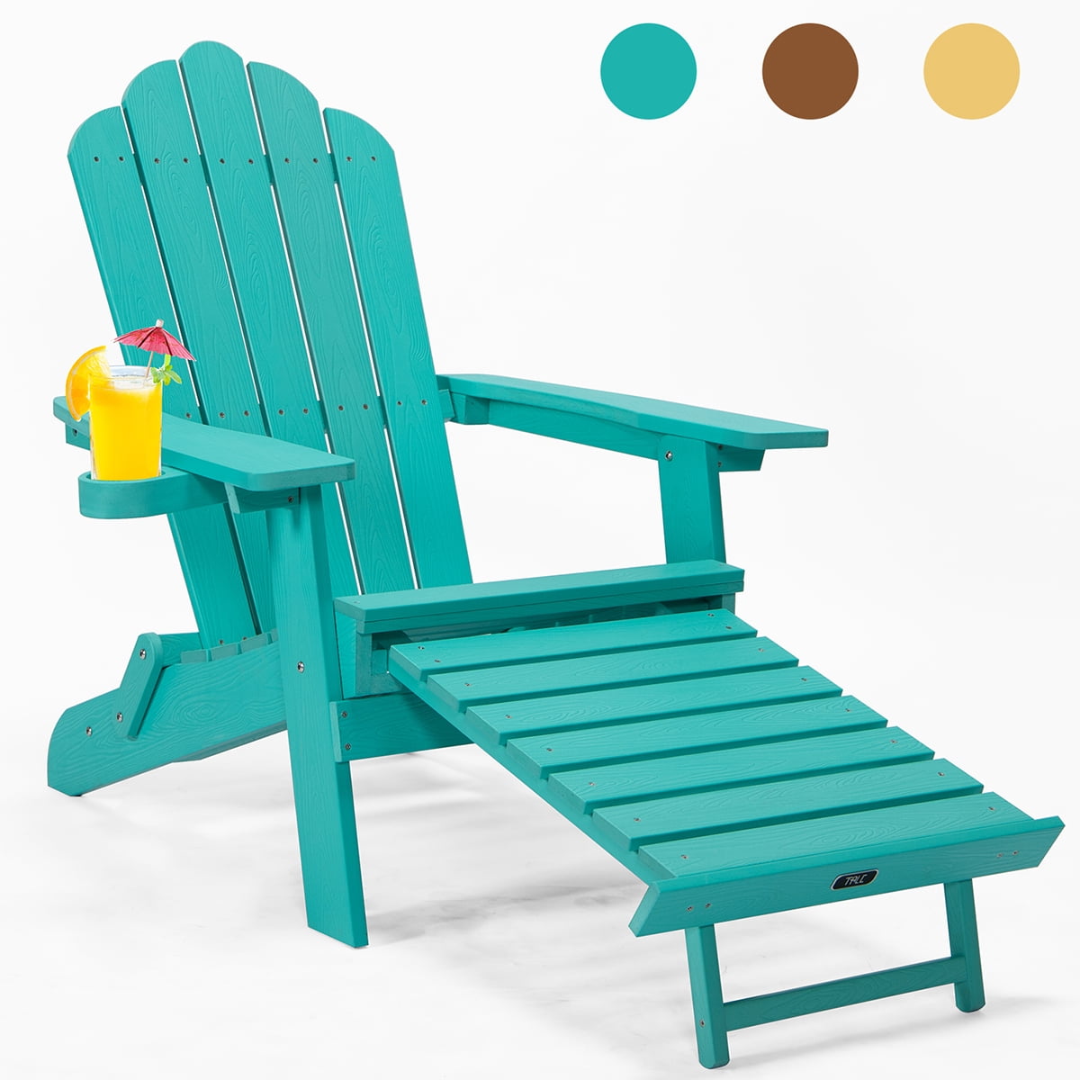 ZPL 57 Inch Folding Adirondack Chair with Pullout Ottoman with Cup Holder,Wood Patio Lounge