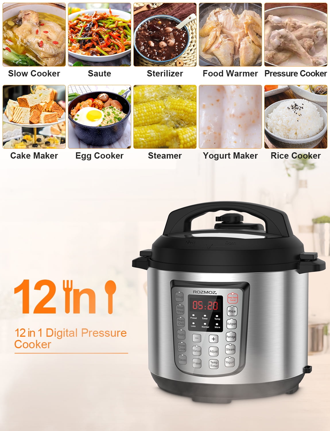 Rozmoz Pressure Cooker 6.2QT, 14-in-1 Electric Pressure Pot Rice Steamer  With Digital Touchscreen 