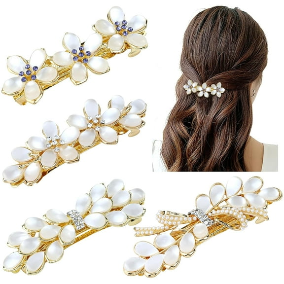 4 Pieces Decorative Glitter Opal Rhinestone Pearl Gems Flower Bow French Barrettes Snap Hair Clips Gold Metal Automatic Spring Clips Hairpins Headpieces for Women Girls
