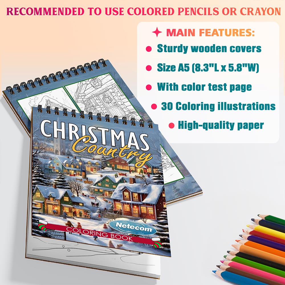 Netecom Country Christmas Coloring Book Spiral Bound for Adults, A5 Wooden Cover, 30 Charming Coloring Pages of Winter Day for Stress Relief and Relaxation