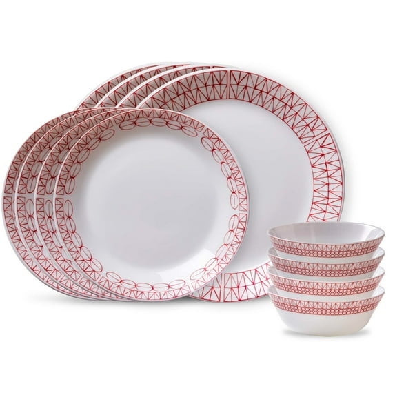 Corelle Graphic Stitch 12-Piece Dinnerware Set, Service for 4, Red and White Plates and Bowls