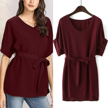 

Summer T Shirts for Women Casual V-Neck Lace Up Waisted Tee Elegant trendy Tunic Blouses with Belt