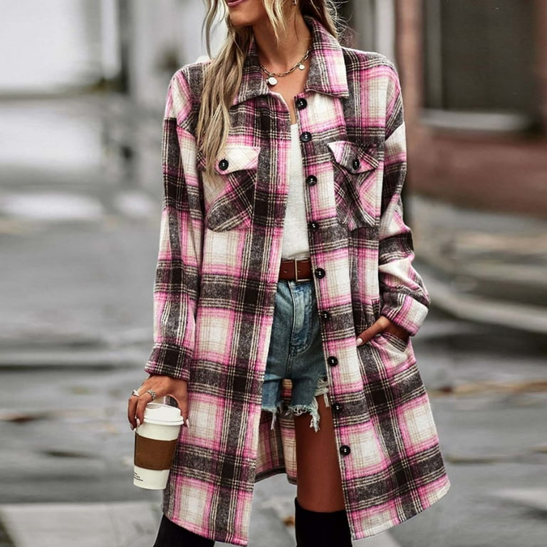 Long Plaid Jackets for Women Flannel Shirts Christmas Winter Warm