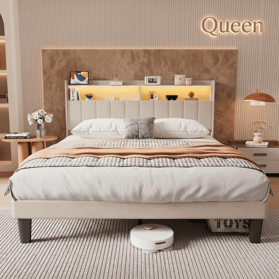 Aiho Full Size Bed Frame with Button Tufted Wingback Headboard for Bedroom, Beige