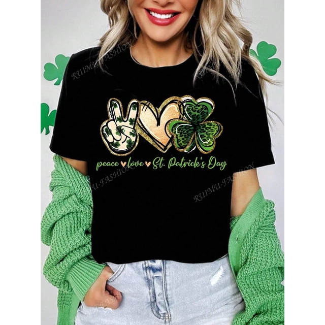Women's Peace, Love, St. Patrick's Day Clover Print Solid Color Short Sleeve Casual Regular Crew Neck T-Shirt