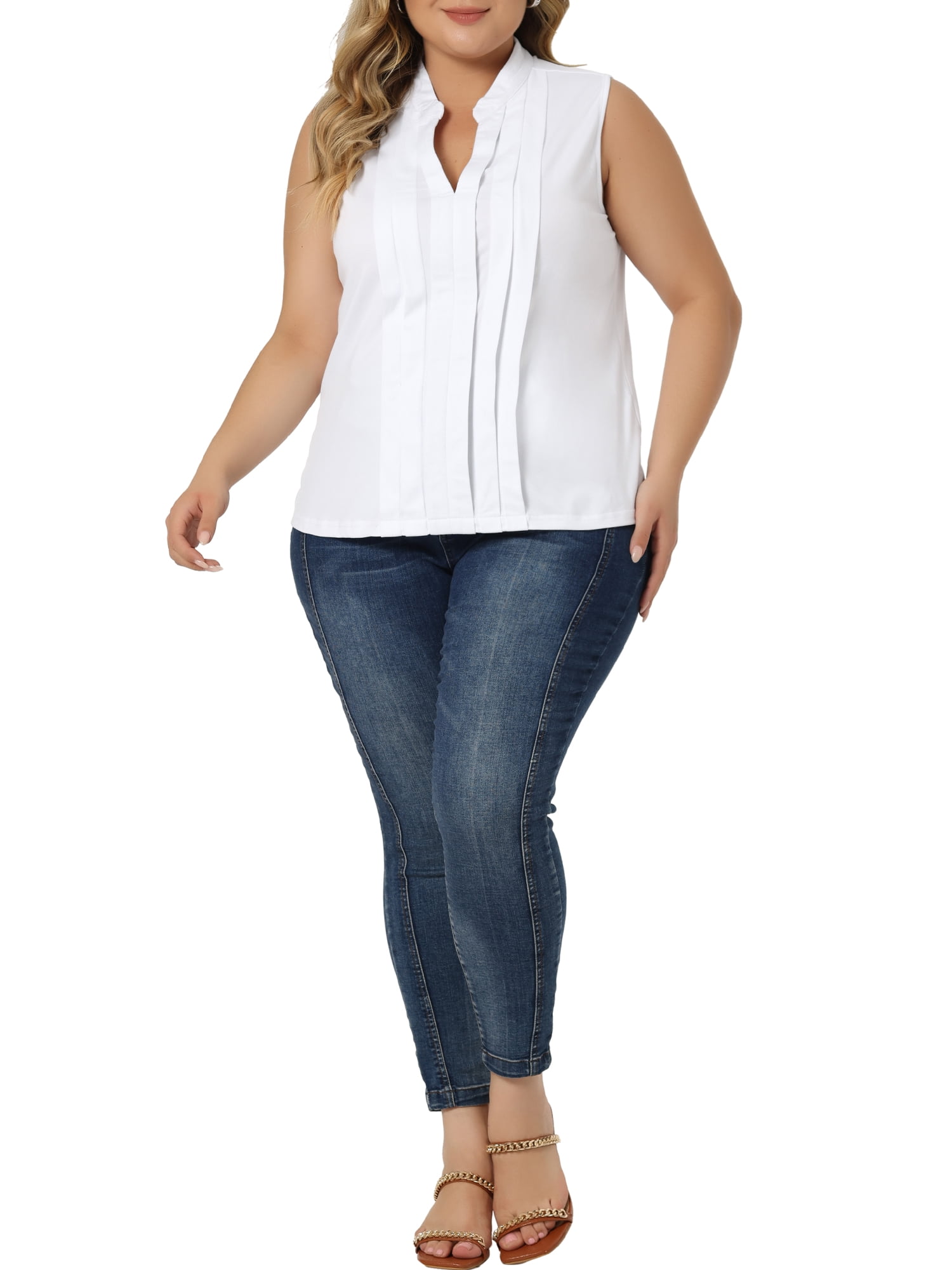 Unique Bargains Women's Plus Size Tops V Neck Sleeveless Work Shirts Blouses 4X White