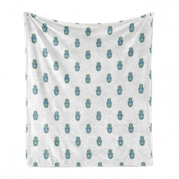 Hamsa Soft Flannel Fleece Throw Blanket, Bicolor Hand Motif Oriental Ornate Pattern Middle East Timeless , Cozy Plush for Indoor and Outdoor Use, 70" x 90", Mustard White and Blue, by Ambesonne