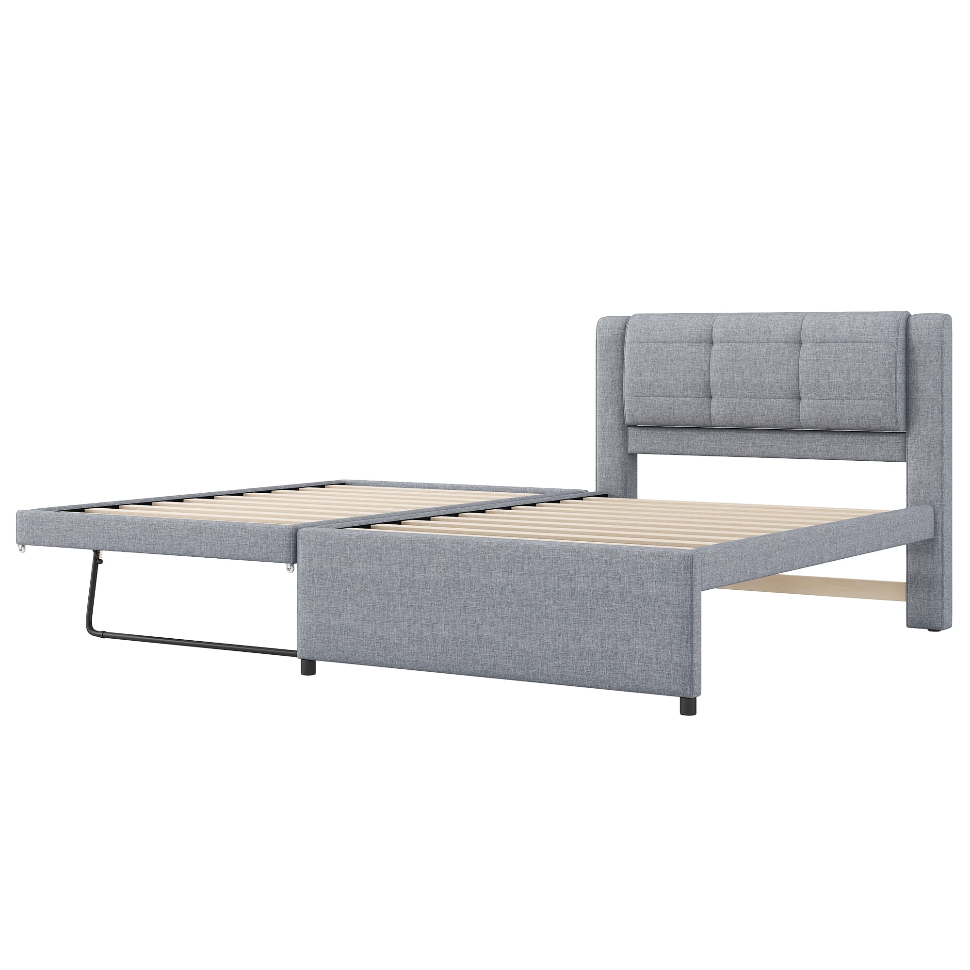 Euroco Upholstered Twin Platform Bed with Pop-up Twin Trundle for Bedroom, 2 Beds in One, Gray