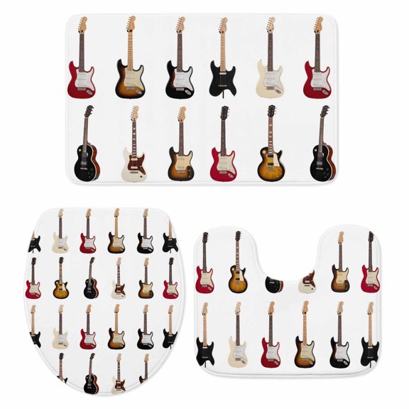Black Guitar Bathroom Rugs Set Music Instrumentation Abstract Modern Style Non Slip Absorbent Soft Bath Mats 3 Piece Set with Bathroom Rug, U-Shaped Floor Mat, Toilet Seat Cover Large Size