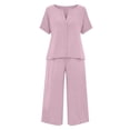 thumbnail image 4 of NMMUED Linen Pant Sets Women 2 Piece Outfits Summer Women’s Cotton Linen 2 Piece Lounge Set Casual Breathable Short Sleeve Top Wide Leg Cropped Pants Relaxed Fit Lounge Set for Women Pink S, 4 of 7