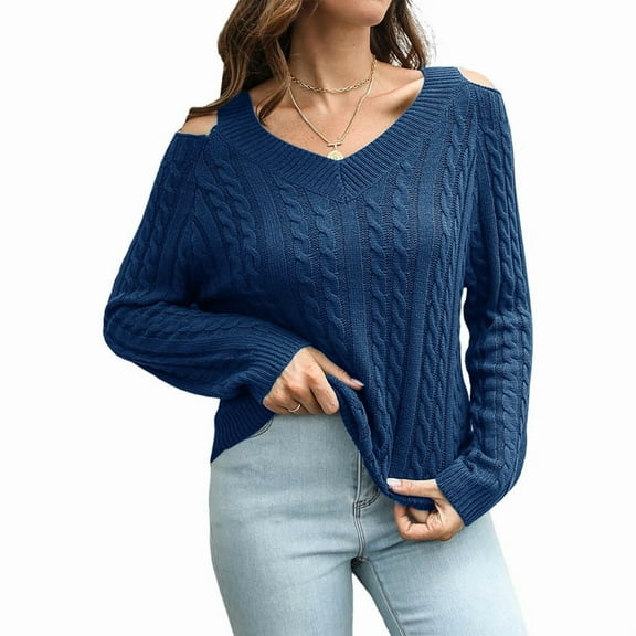 Women'S Casual V Neck Long Sleeve Chunky Knit Off Shoulder Pullover Tops Fashion 2025