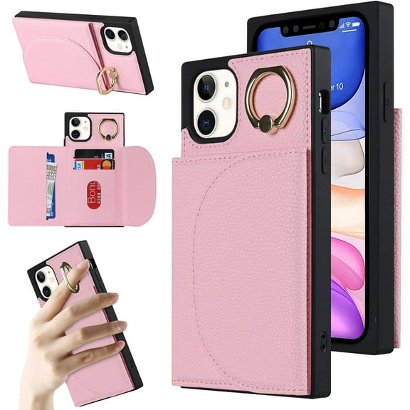 Wallet Cases for iPhone 12/12 Pro with Card Holder 6.1",PU Leather Magnetic Clasp [360° Rotatable Ring Holder Kickstand] Heavy Duty Flip iPhone 12/12 Pro Case for Women Girls,(Pink)